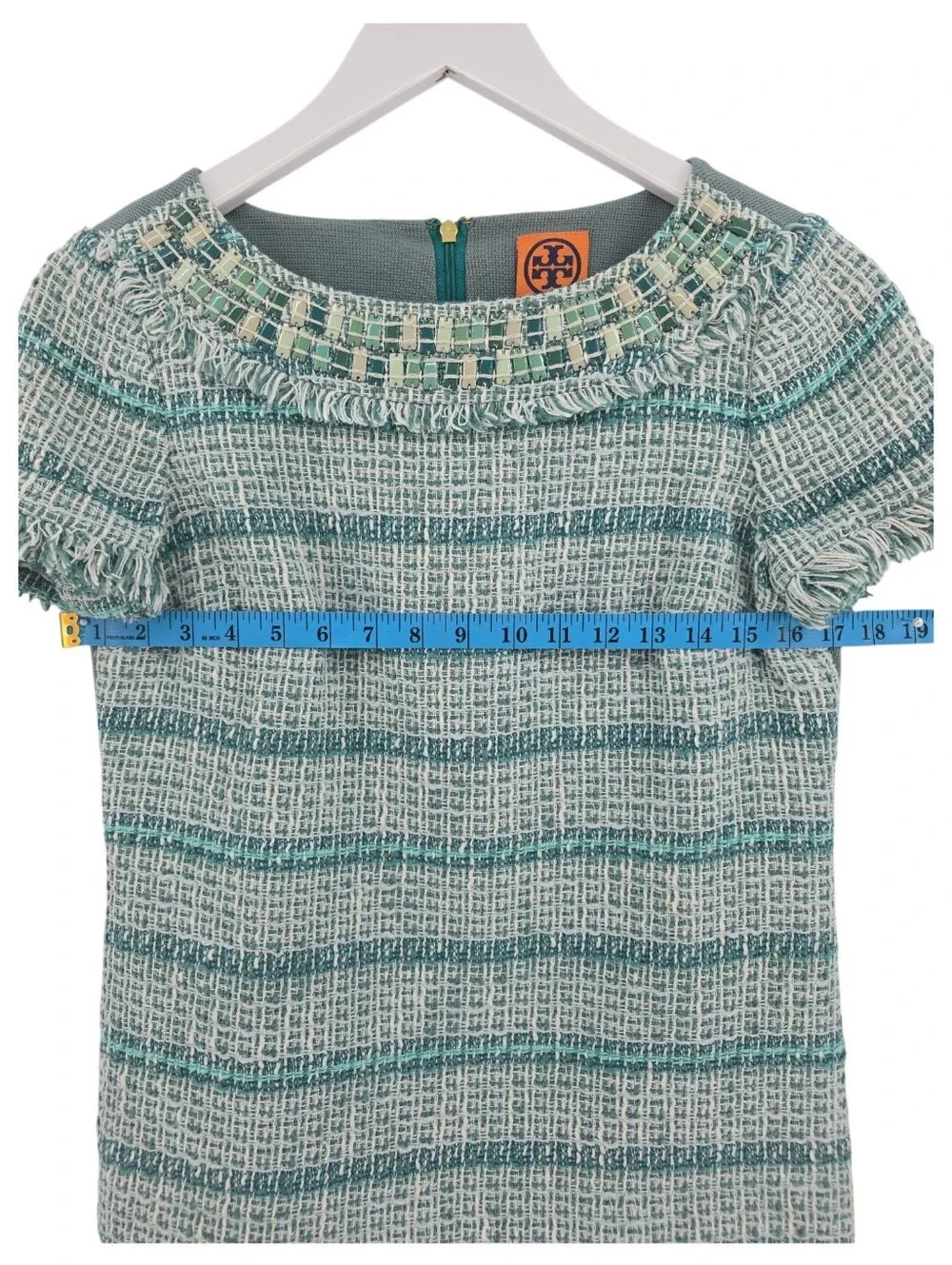 Tory Burch Joan Ribbon Tweed Blouse Size 2 Beaded Collar Striped Teal Fringe
